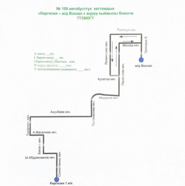 Схема маршрута №159 в Бишкеке: жилмассив «Киргизия-1» —Железнодорожный вокзал.