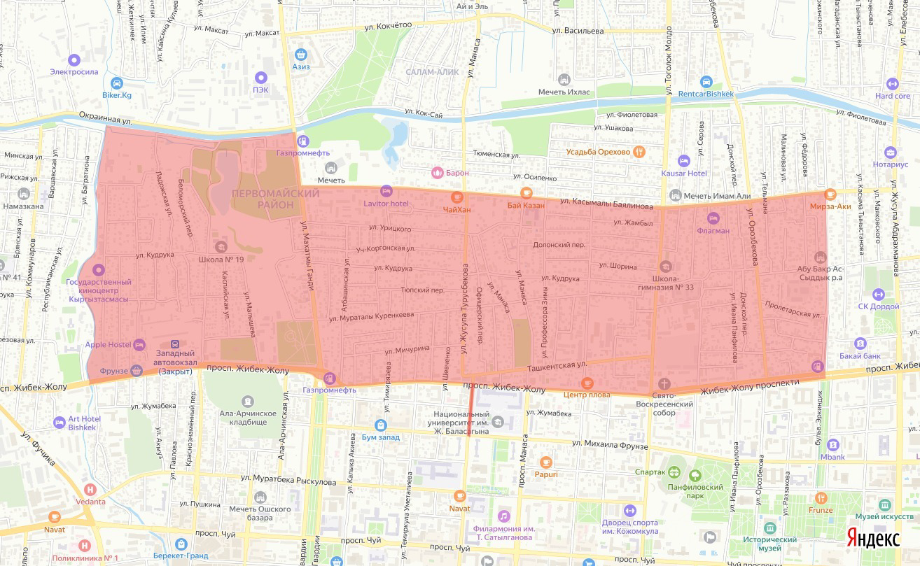 Карта района Бишкека с отключением питьевой воды 25 декабря 2025 года с 10:00 до 18:00 из-за аварийных работ на водоводе 400 мм