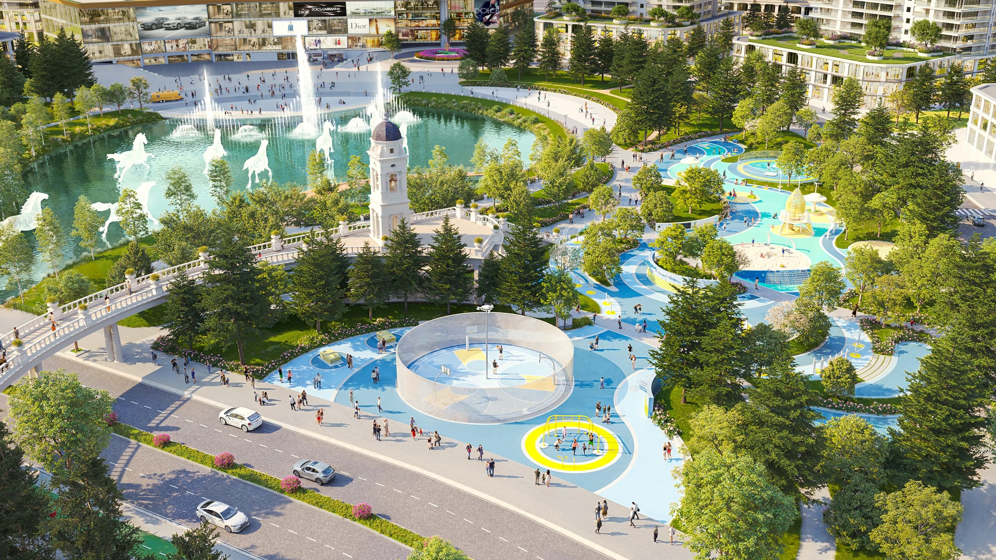 Визуализация музыкального фонтана и многофункциональной спортивной площадки Royal Central Park — запуск запланирован на сентябрь 2026 года.